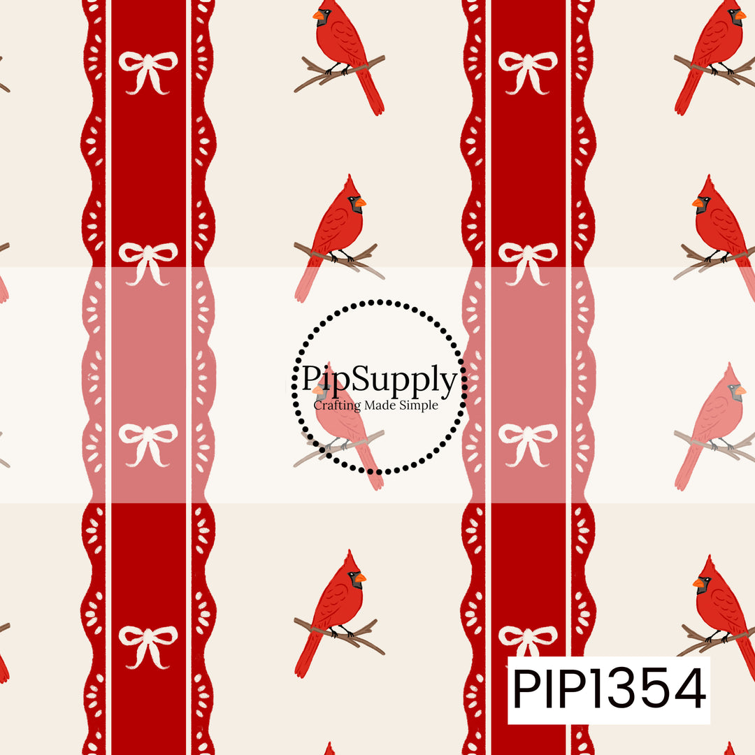 A charming Christmas seamless pattern featuring bright red cardinals perched on delicate brown branches, alternating with bold vertical red stripes. The stripes are accented with scalloped lace-inspired edges, delicate white detailing, and dainty white bows. Set against a soft cream background, this design has a sweet, vintage-inspired holiday feel with a touch of classic Christmas elegance.