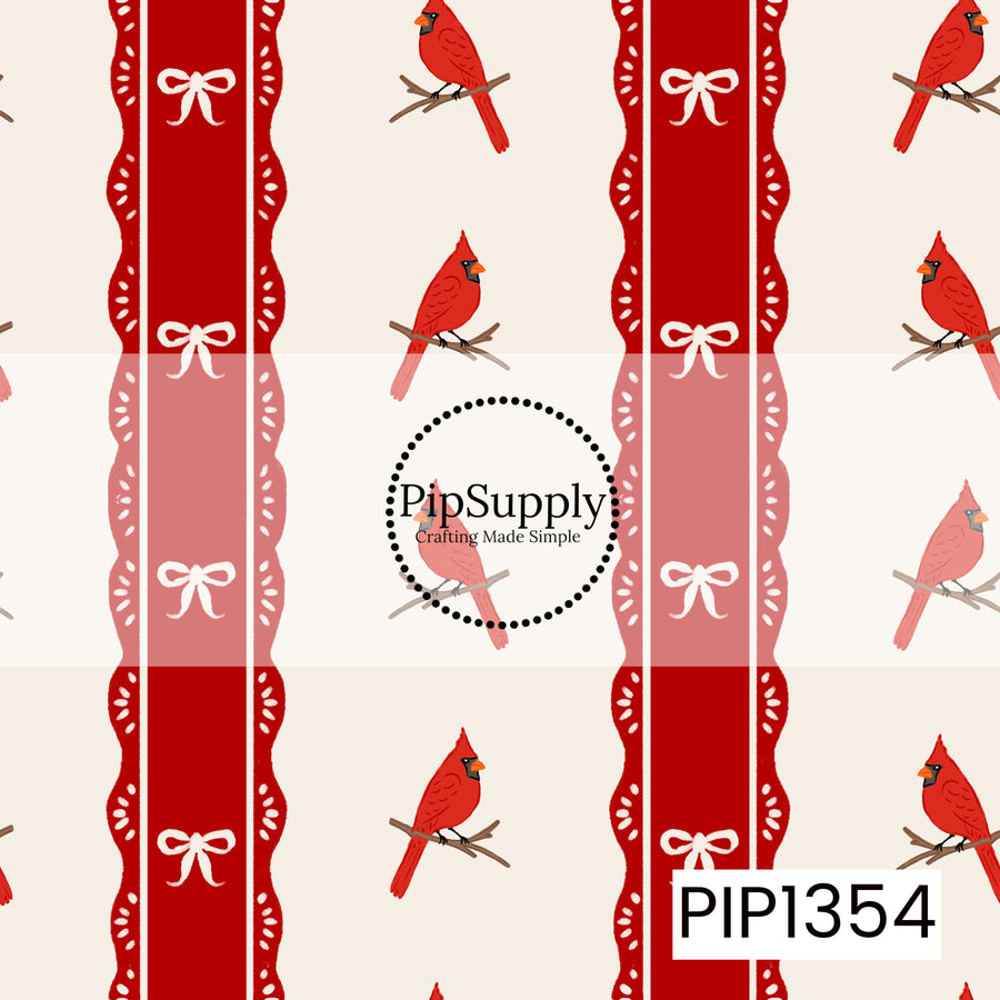 A charming Christmas seamless pattern featuring bright red cardinals perched on delicate brown branches, alternating with bold vertical red stripes. The stripes are accented with scalloped lace-inspired edges, delicate white detailing, and dainty white bows. Set against a soft cream background, this design has a sweet, vintage-inspired holiday feel with a touch of classic Christmas elegance.