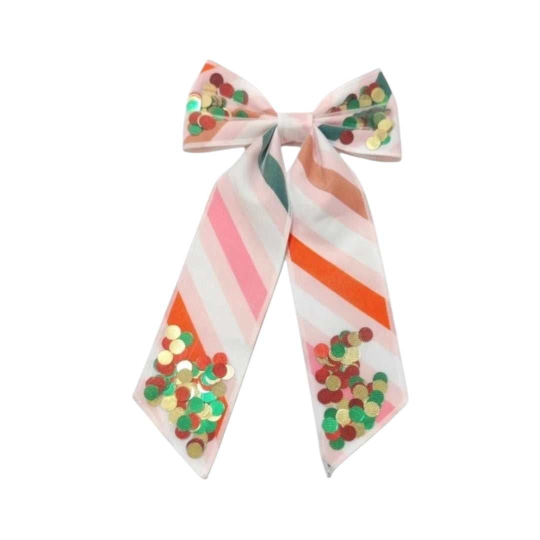 Carousel Stripe Pattern Long Tail Shaker Hair Bow w/ Clip