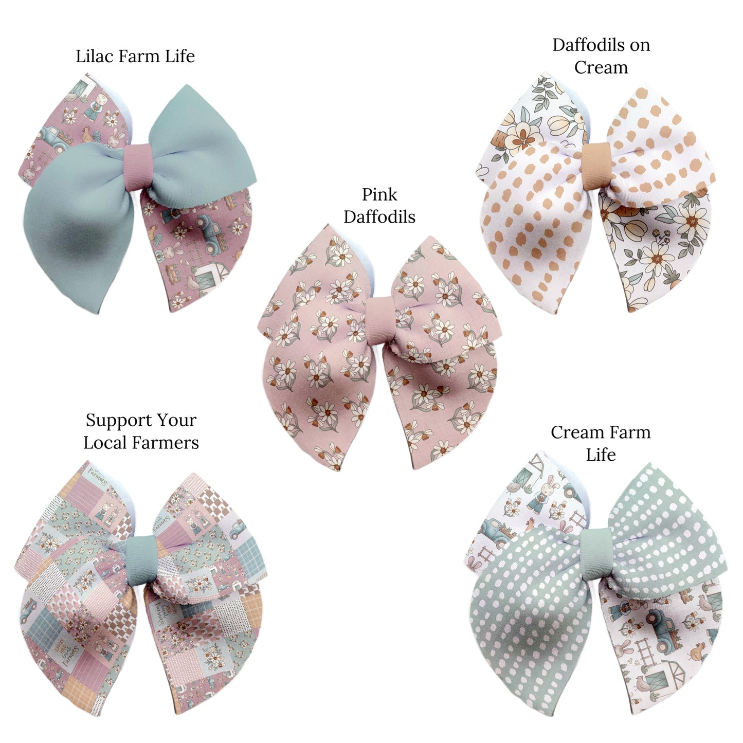 pink and blue rabbits, carrots and farm themed hand cut fabric hair bows