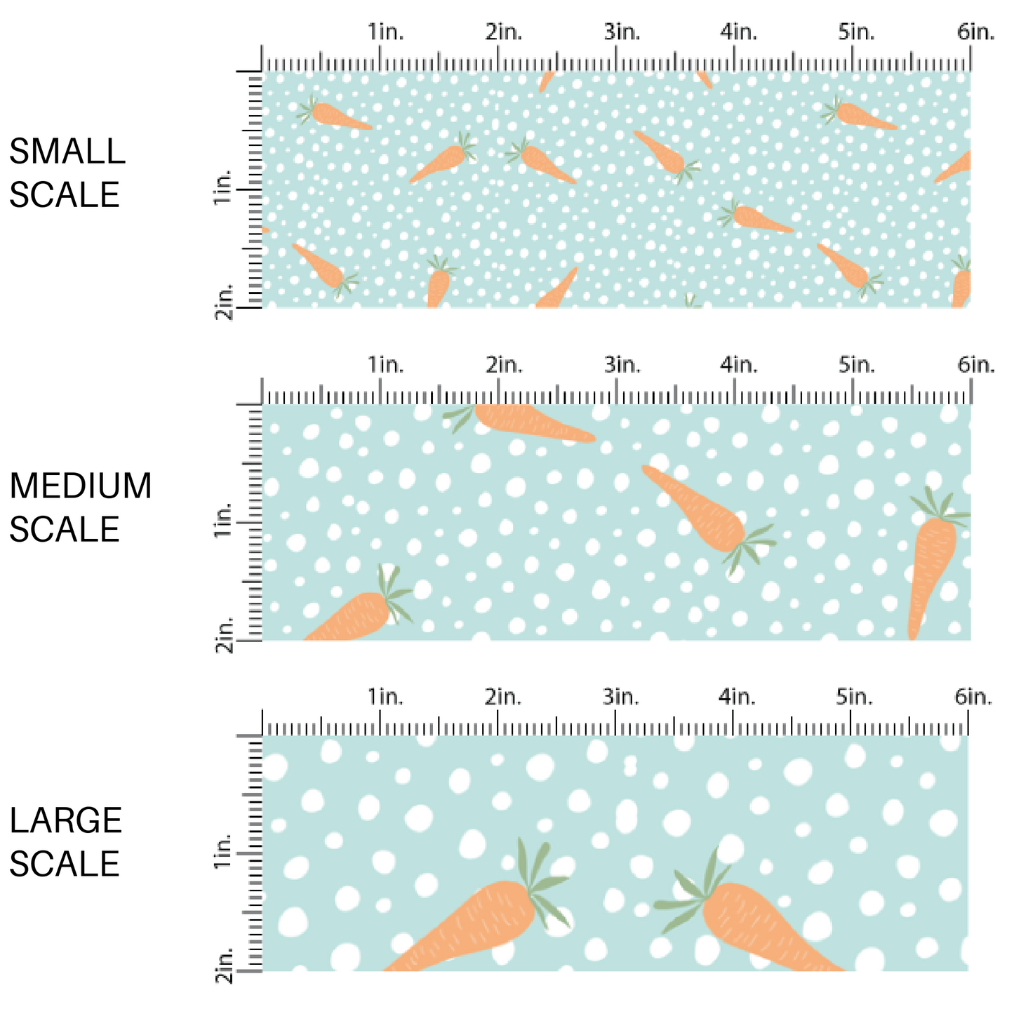 Scattered Orange Carrots and White Dot on Blue Fabric by the Yard scaled image guide.