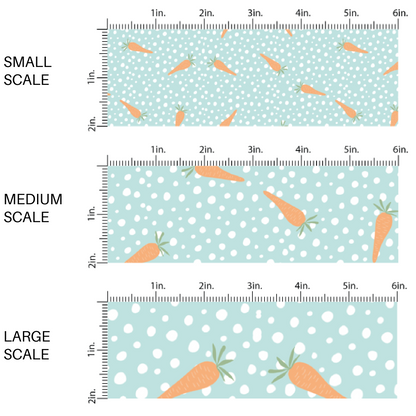 Scattered Orange Carrots and White Dot on Blue Fabric by the Yard scaled image guide.