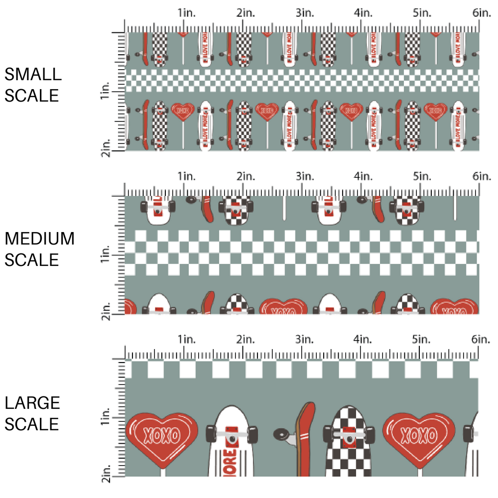 This Valentine's Day fabric by the yard features candy and skateboards. This fun pattern fabric can be used for all your sewing and crafting needs!