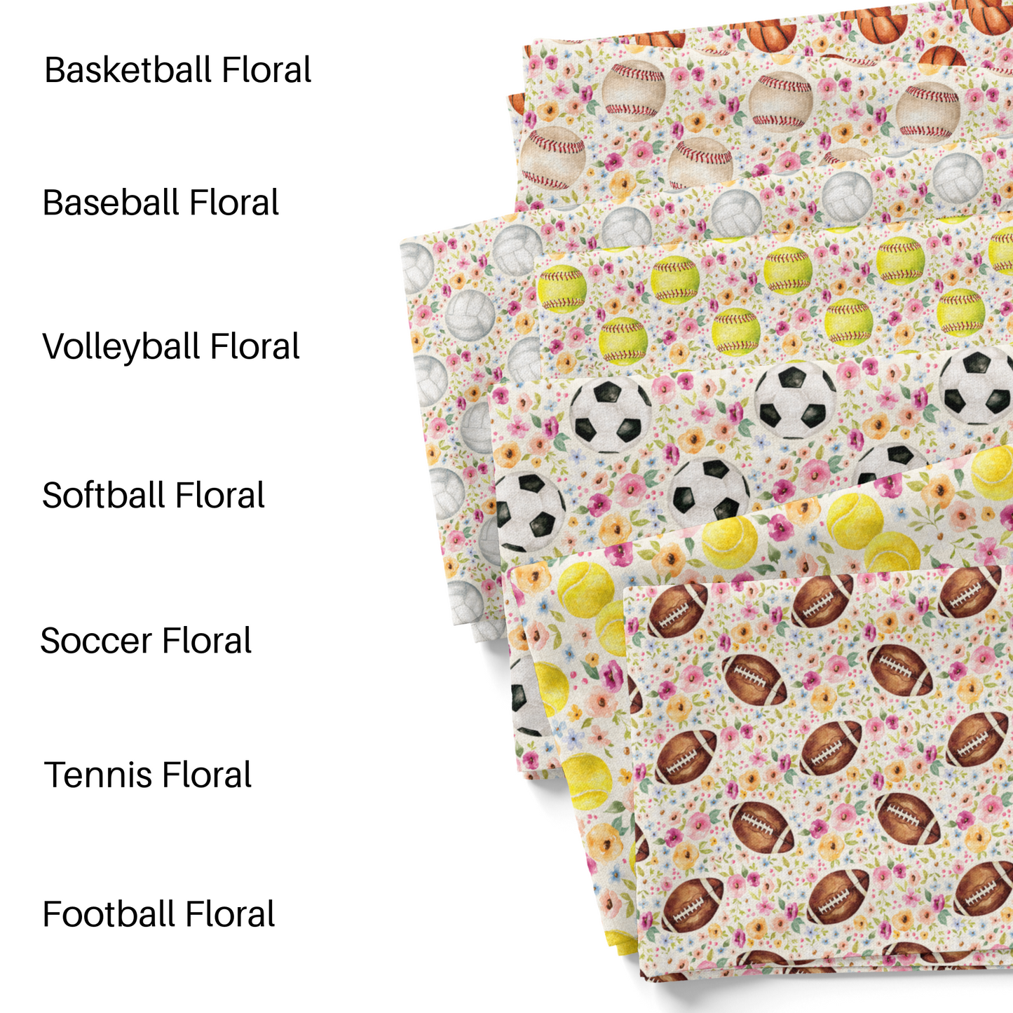 Cate and Rainn Spring Florals and Sports themed fabric by the yard swatches.