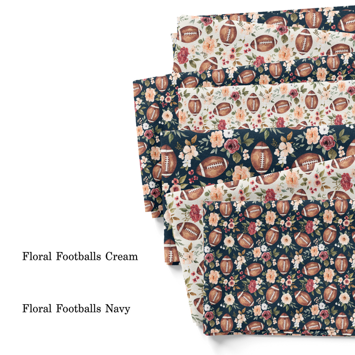 Florals and footballs cream and navy blue fabric by the yard swatches.