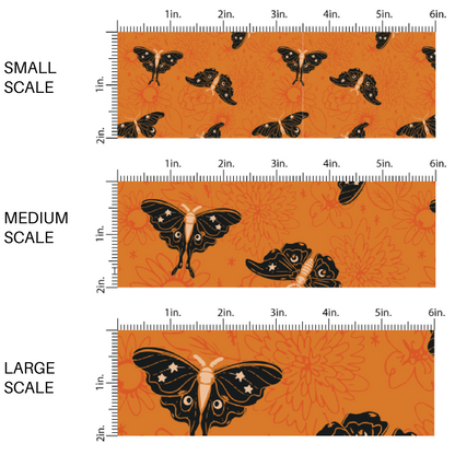 Orange floral fabric by the yard scaled image guide with moon and star moths.