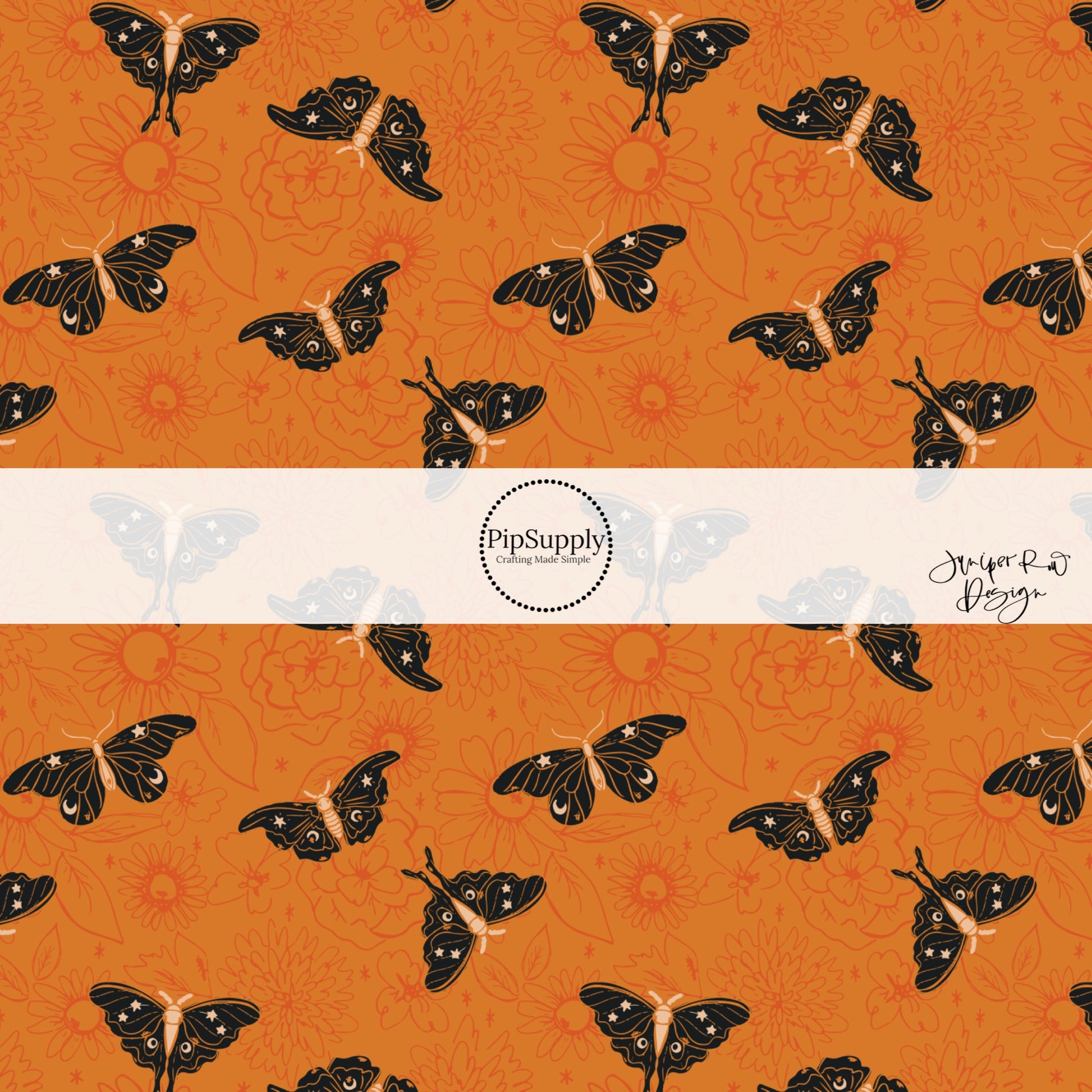 Orange floral fabric by the yard with moon and star moths.