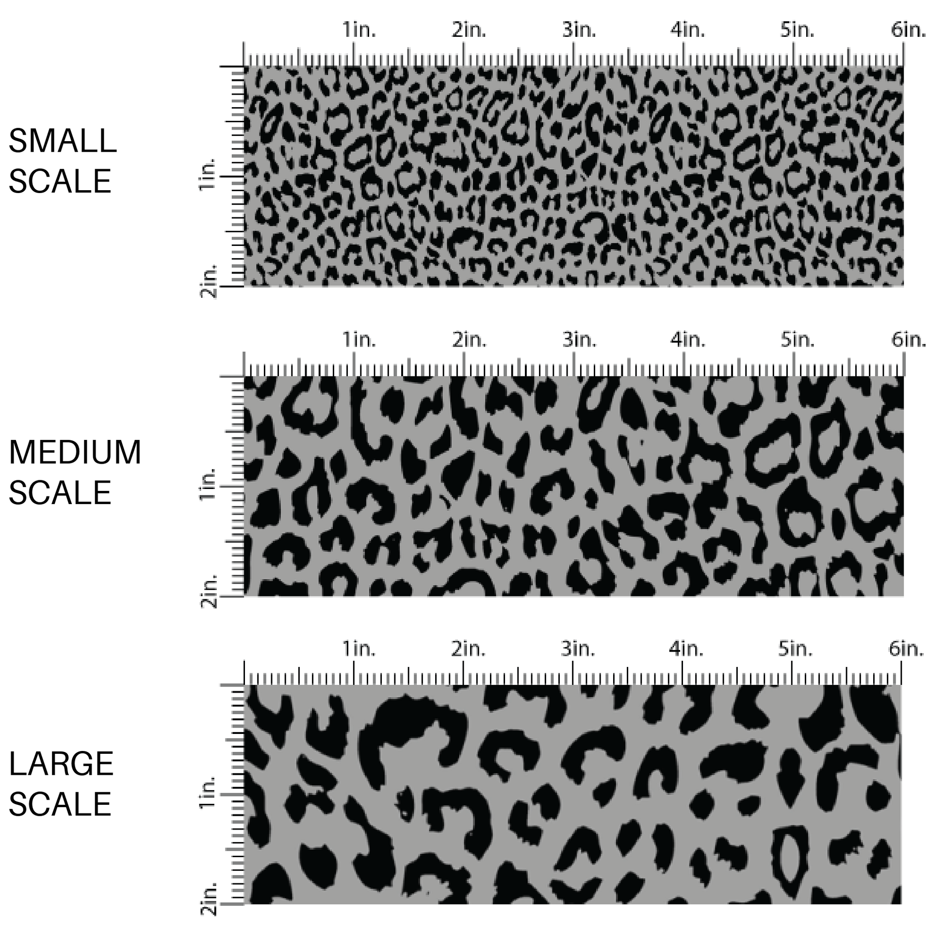 This scale chart of small scale, medium scale, and large scale of this classic leopard pattern themed fabric by the yard features charcoal colored leopard print. This fun Valentine's Day themed fabric can be used for all your sewing and crafting needs! 