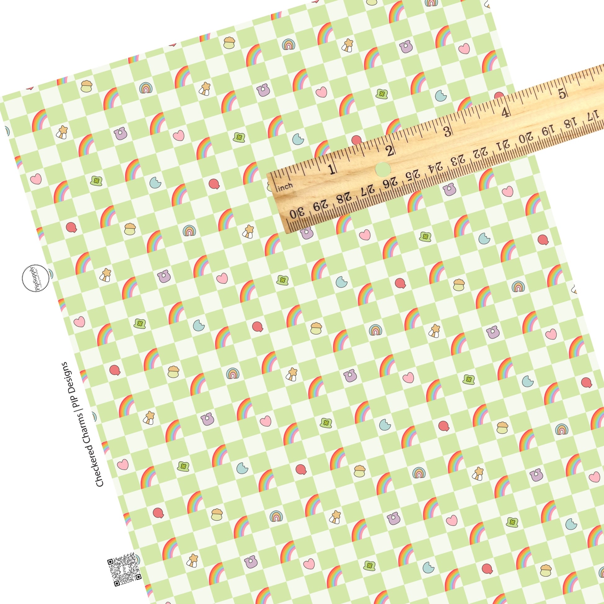 These St. Patrick's Day pattern themed faux leather sheets contain the following design elements: lucky charms on cream and green checkered pattern. Our CPSIA compliant faux leather sheets or rolls can be used for all types of crafting projects.