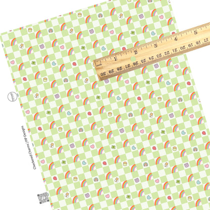 These St. Patrick's Day pattern themed faux leather sheets contain the following design elements: lucky charms on cream and green checkered pattern. Our CPSIA compliant faux leather sheets or rolls can be used for all types of crafting projects.