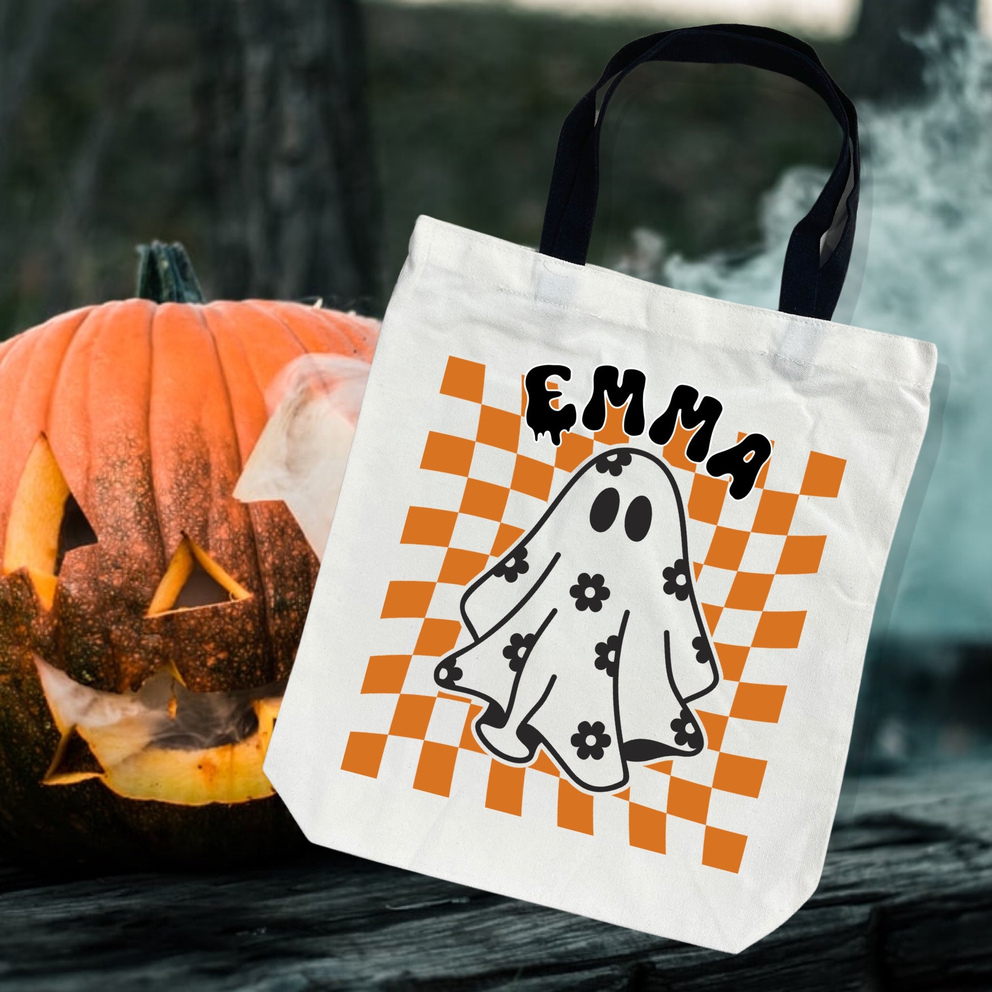 Checkered Floral Ghost Personalized Trick or Treat Halloween Tote Bag-DIY KIT 