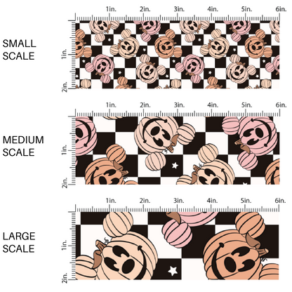 White and black checkered fabric by the yard scaled image guide with pink and orange mouse jack-o-lanterns and stars.