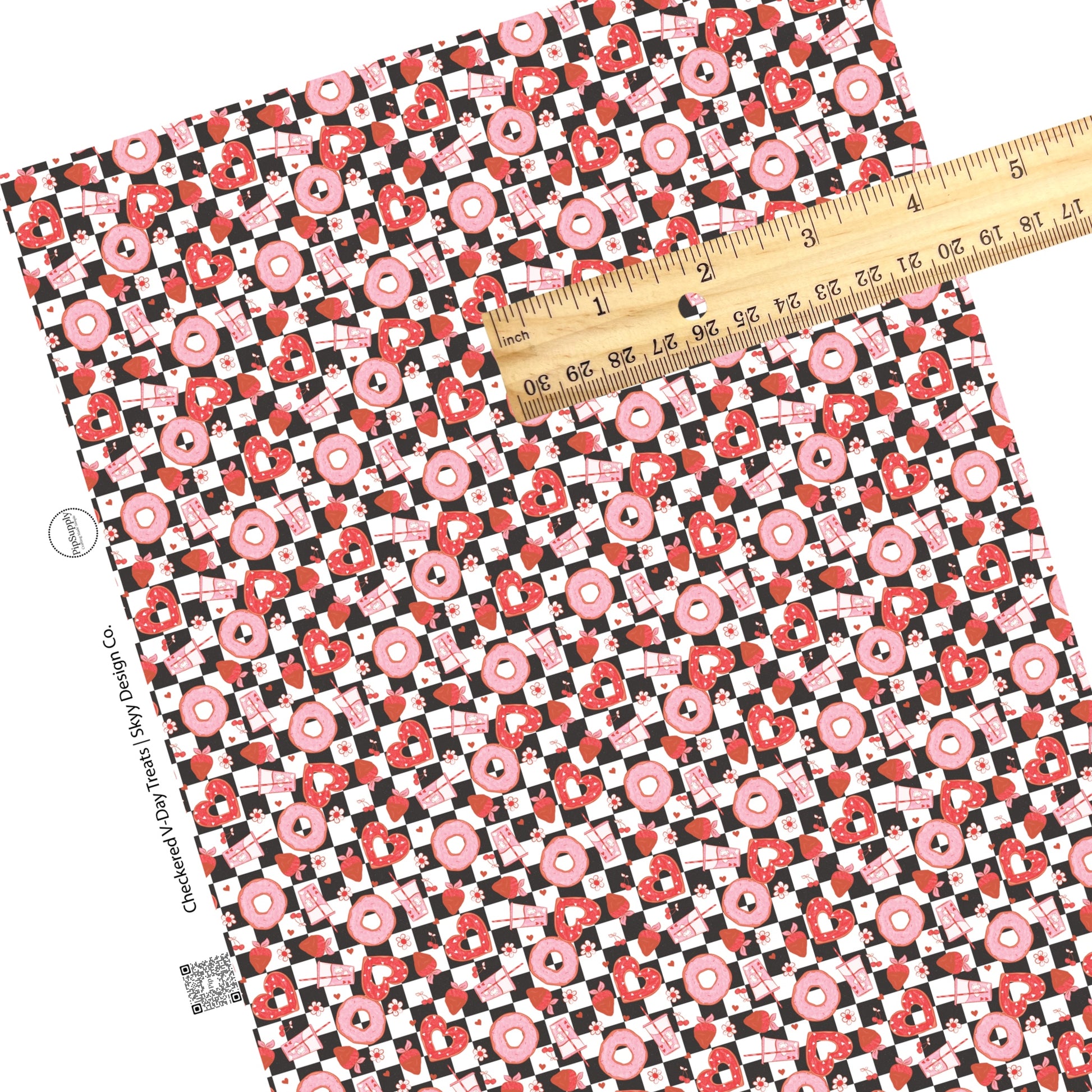 These Valentine's checker pattern themed faux leather sheets contain the following design elements: Valentine treats and drinks on white and black checker pattern. Our CPSIA compliant faux leather sheets or rolls can be used for all types of crafting projects.