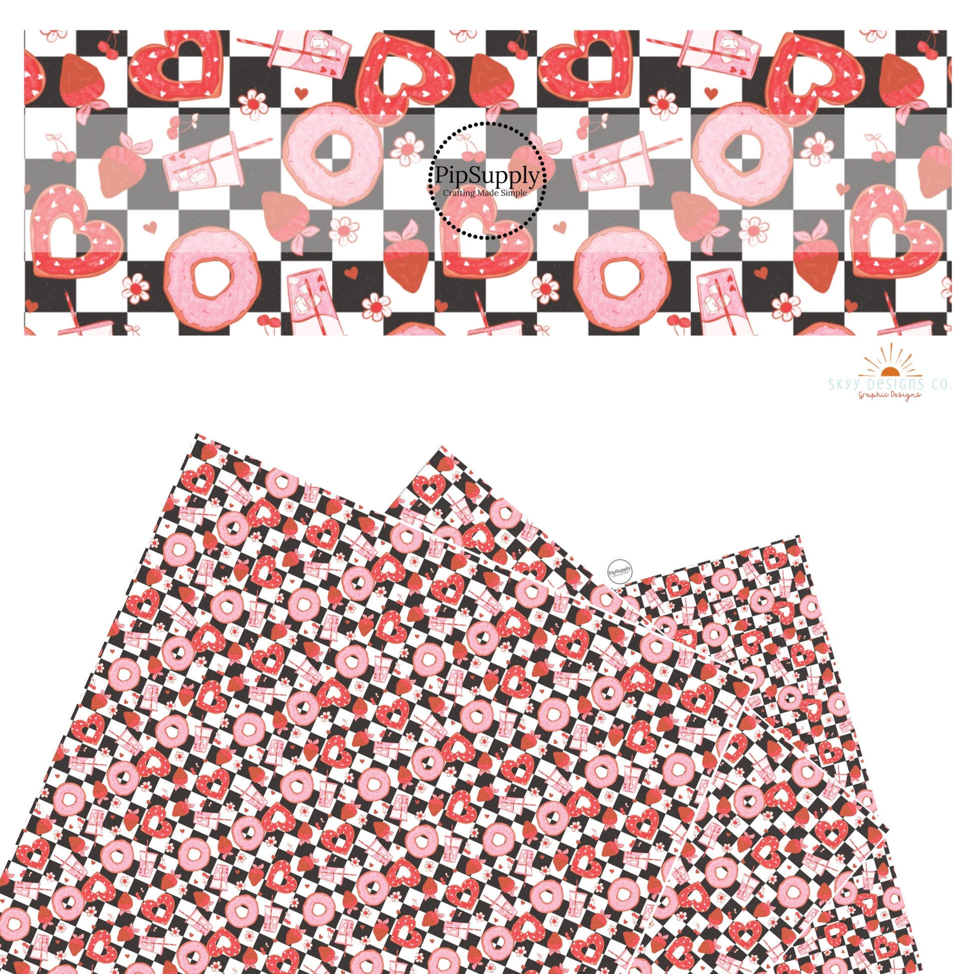 These Valentine's checker pattern themed faux leather sheets contain the following design elements: Valentine treats and drinks on white and black checker pattern. Our CPSIA compliant faux leather sheets or rolls can be used for all types of crafting projects.