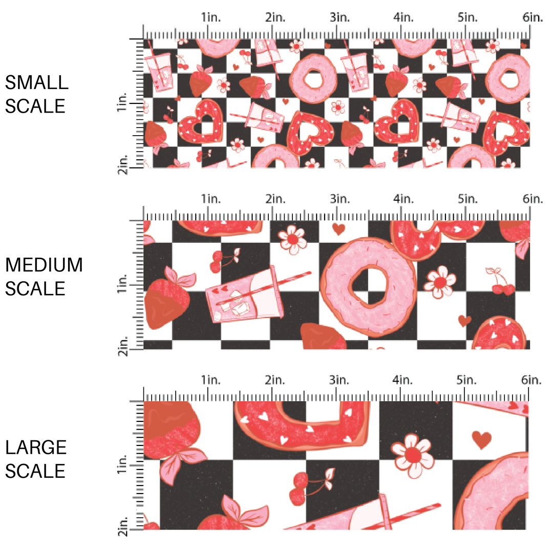 Pink Donuts, Drinks, Hearts, and Florals on Black and White Checkered Fabric by the Yard scaled image guide.