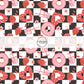 Pink Donuts, Drinks, Hearts, and Florals on Black and White Checkered Fabric by the Yard