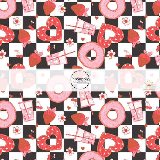 Pink Donuts, Drinks, Hearts, and Florals on Black and White Checkered Fabric by the Yard