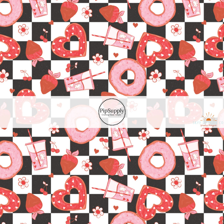 Pink Donuts, Drinks, Hearts, and Florals on Black and White Checkered Fabric by the Yard