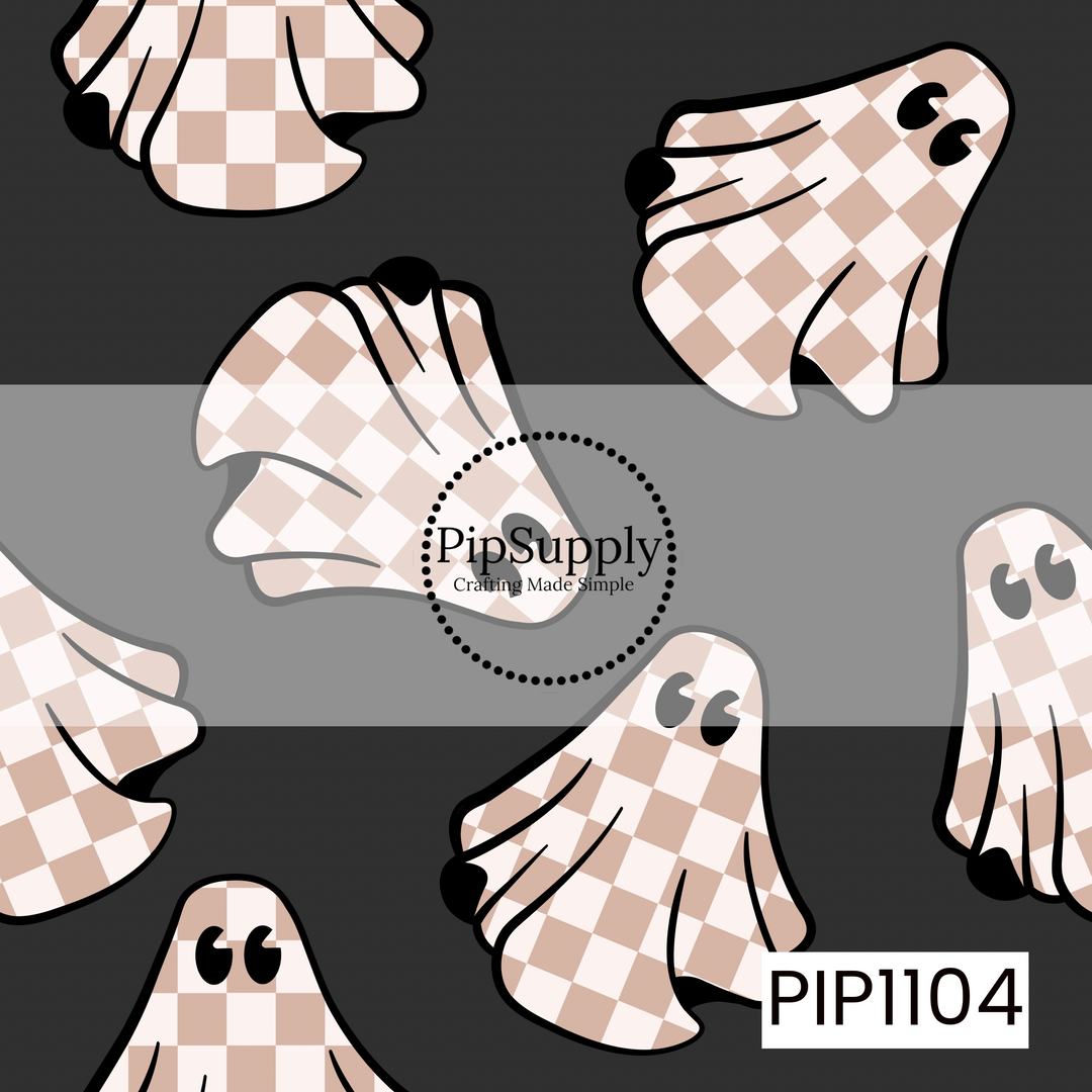 A charming seamless pattern featuring adorable ghosts wrapped in neutral beige gingham fabric on a charcoal black background. The cozy checkered design gives this Halloween pattern a sweet farmhouse-inspired style with a playful spooky twist.
