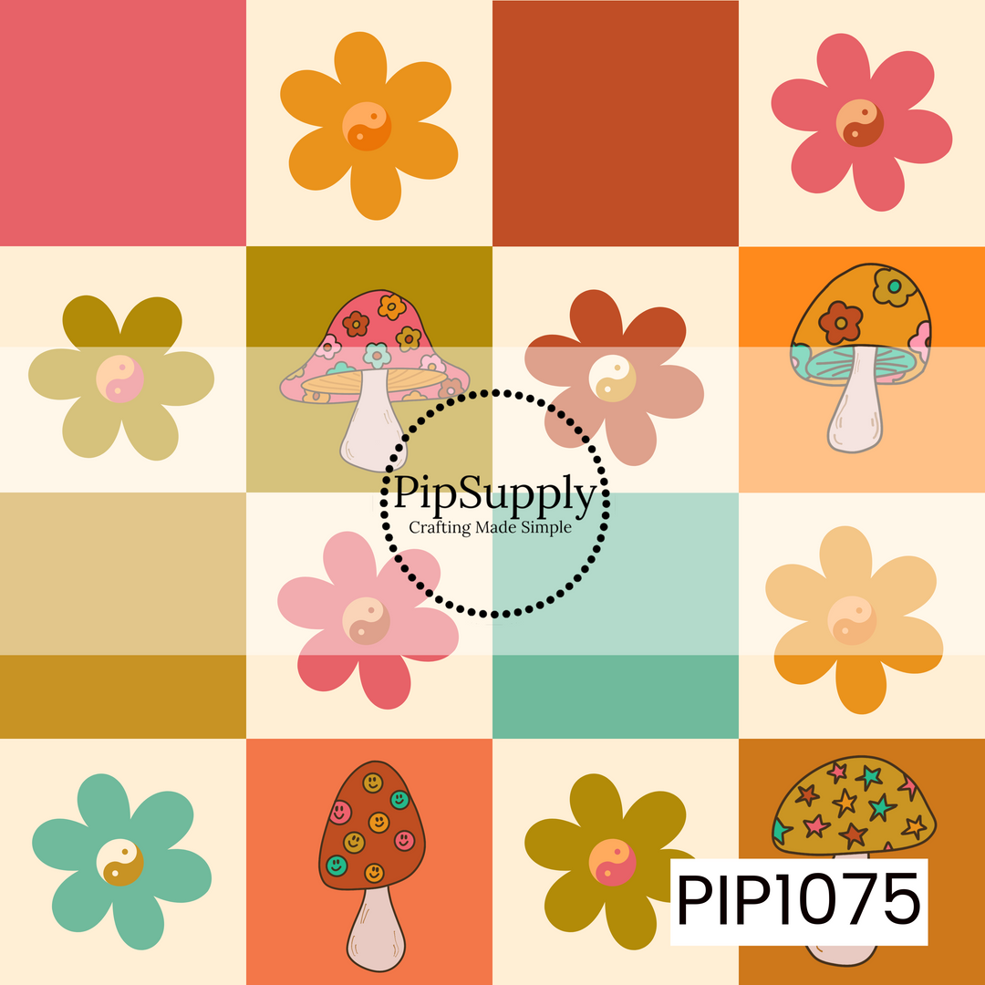 A playful retro checkerboard pattern featuring colorful daisy blooms, whimsical mushrooms, and yin-yang flower centers. Warm shades of coral, mustard, orange, teal, and cream create a cheerful vintage-inspired design with a fun, groovy aesthetic.
