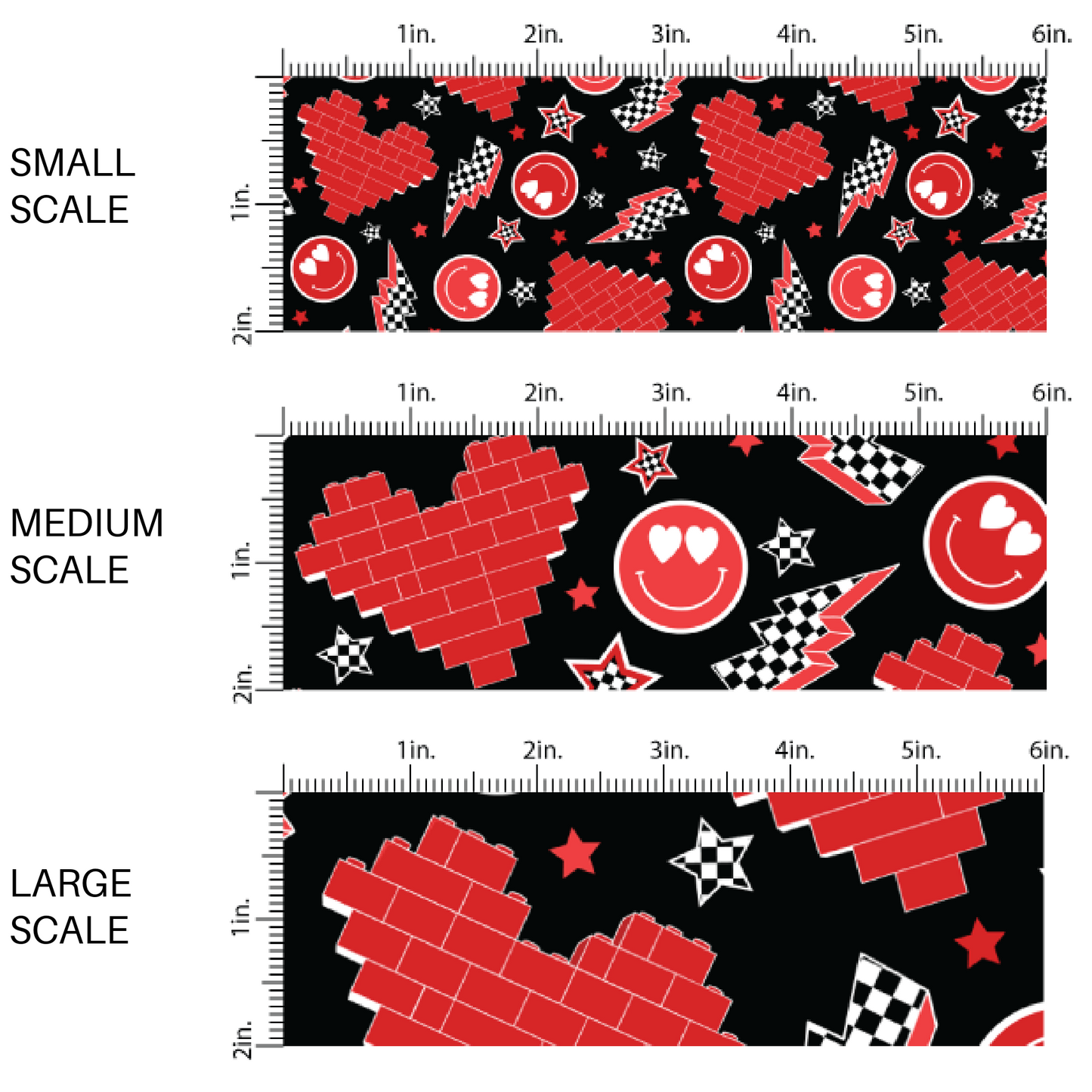 Red Hearts, Smiley Faces, and Lightning Bolts on Black Valentine's Day Fabric by the Yard scaled image guide.