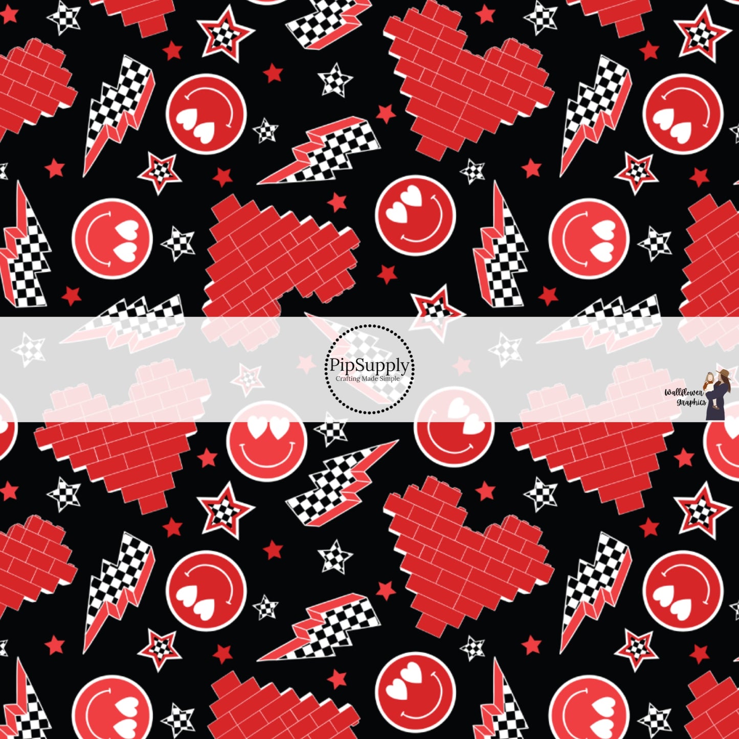 Red Hearts, Smiley Faces, and Lightning Bolts on Black Valentine's Day Fabric by the Yard.
