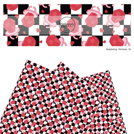 These Valentine's checker pattern themed faux leather sheets contain the following design elements: cherry ring pop candy on white and black checker pattern. Our CPSIA compliant faux leather sheets or rolls can be used for all types of crafting projects.