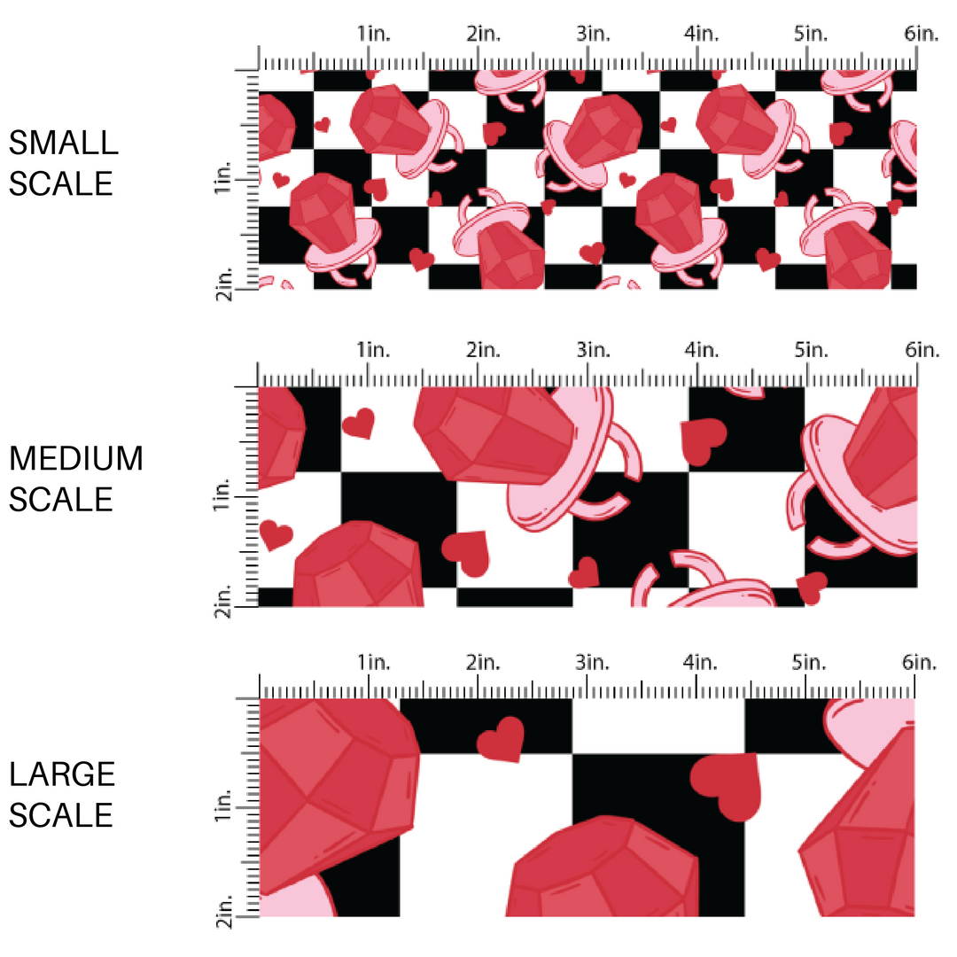 Cherry Ring Pops and Hearts on Black and White Checkered Fabric by the yard scaled image guide.