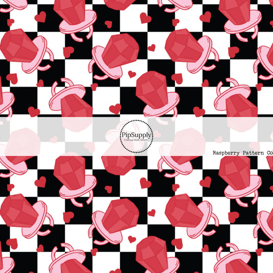 Cherry Ring Pops and Hearts on Black and White Checkered Fabric by the yard.
