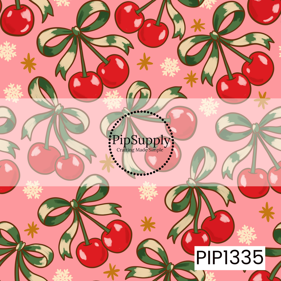 A whimsical retro Christmas print featuring glossy red cherries tied together with oversized green and cream striped ribbon bows. The cherries and bows are scattered across a cheerful pink background with delicate cream snowflakes and mustard starbursts, giving the design a sweet, playful holiday feel with a vintage twist.