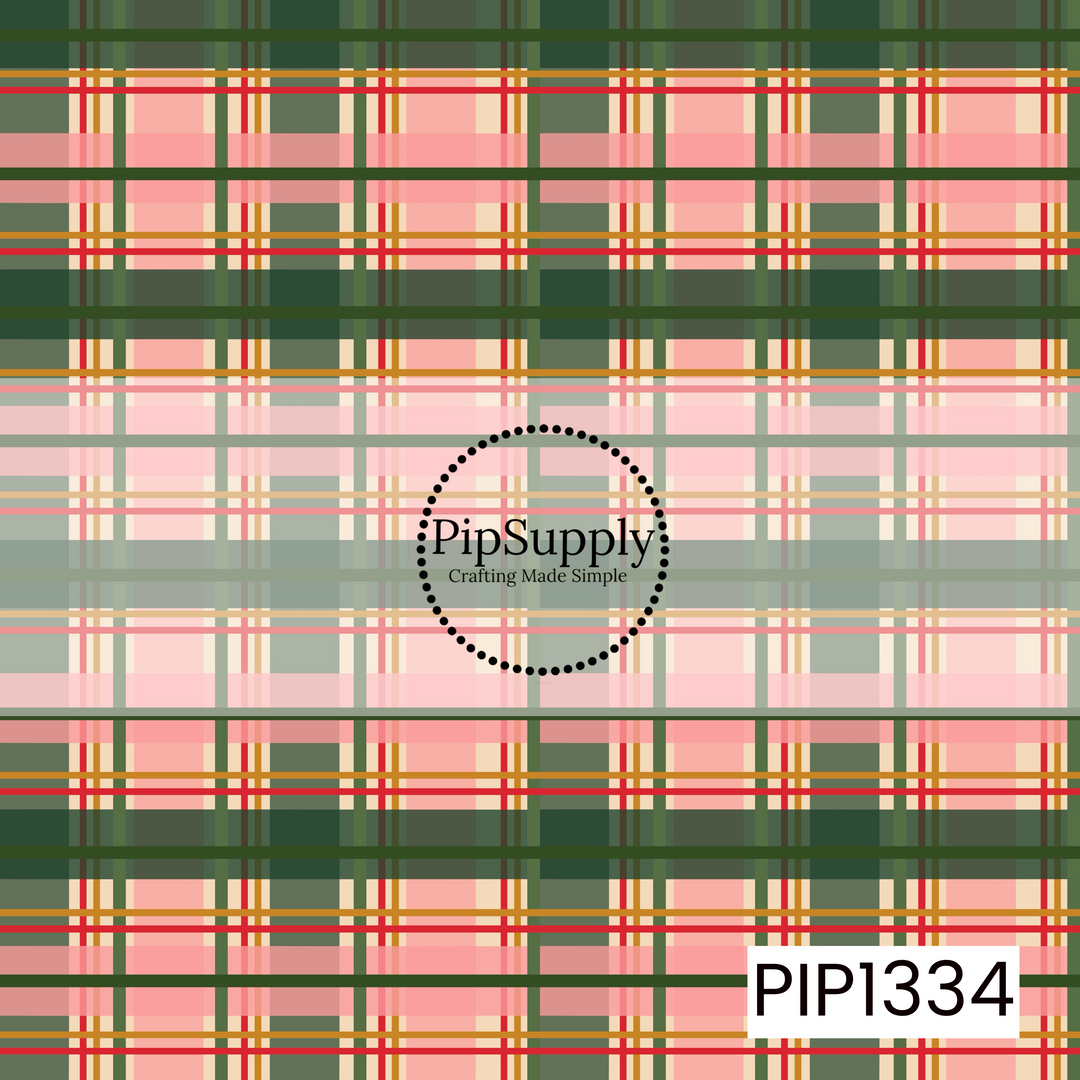 A bold retro plaid featuring layered shades of forest and olive green paired with soft blush pink and warm cream. Thin red and golden mustard stripes weave throughout the design, creating a colorful vintage-inspired holiday tartan with a cozy Christmas feel.
