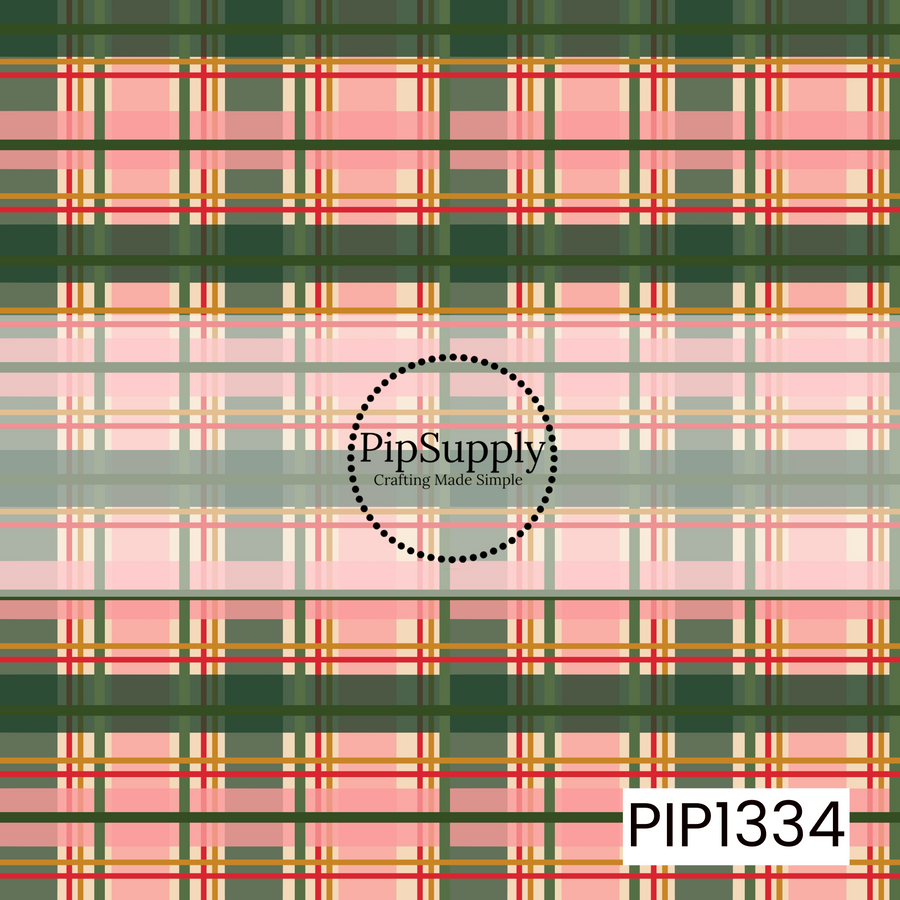 A bold retro plaid featuring layered shades of forest and olive green paired with soft blush pink and warm cream. Thin red and golden mustard stripes weave throughout the design, creating a colorful vintage-inspired holiday tartan with a cozy Christmas feel.