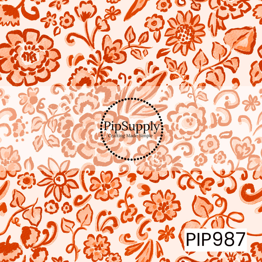 A seamless watercolor chinoiserie-inspired floral pattern featuring hand-painted blooms, leafy vines, delicate scrolls, and botanical accents in rich pumpkin orange and soft peach on a warm cream background. The layered watercolor textures and flowing floral details create a timeless, elegant fall design.
