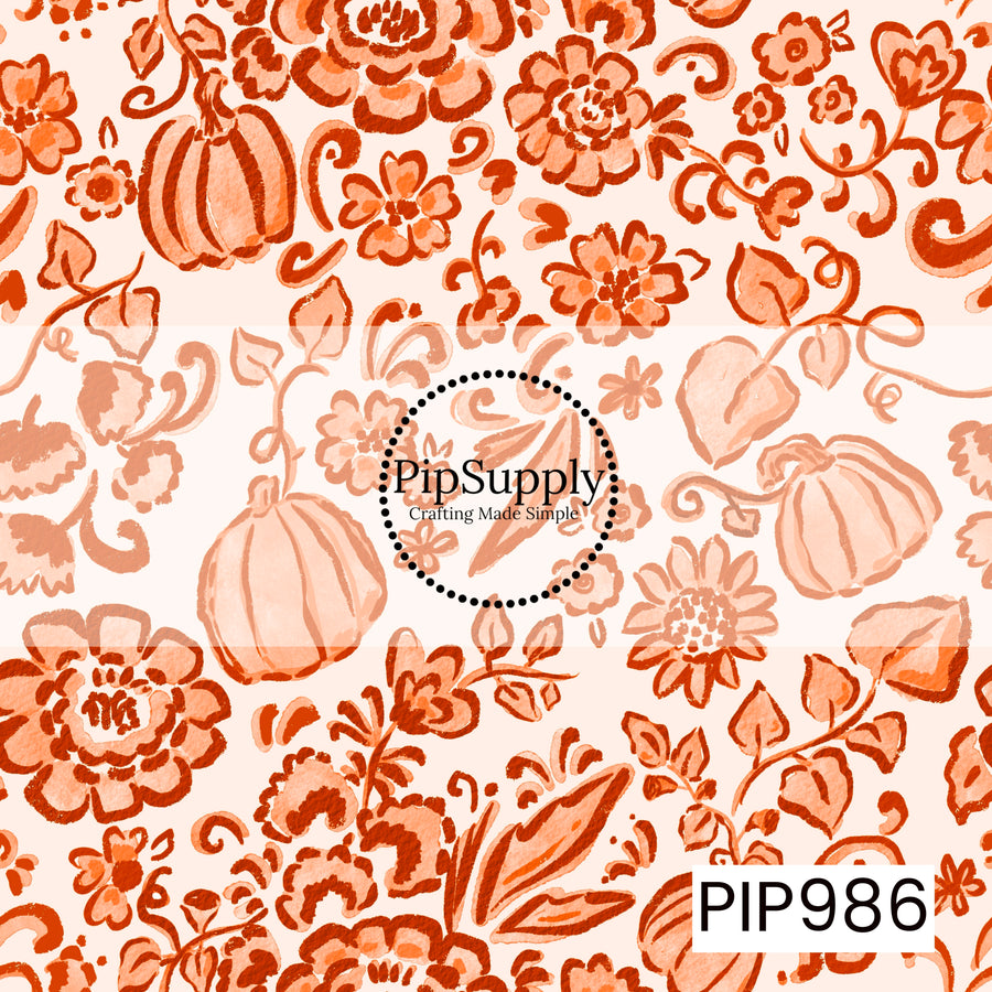 A seamless watercolor chinoiserie-inspired pattern featuring hand-painted pumpkins, blooming florals, leafy vines, and delicate scrollwork in warm pumpkin orange and soft peach on a light cream background. The artistic brushstrokes and vintage botanical details create an elegant, cozy fall design.
