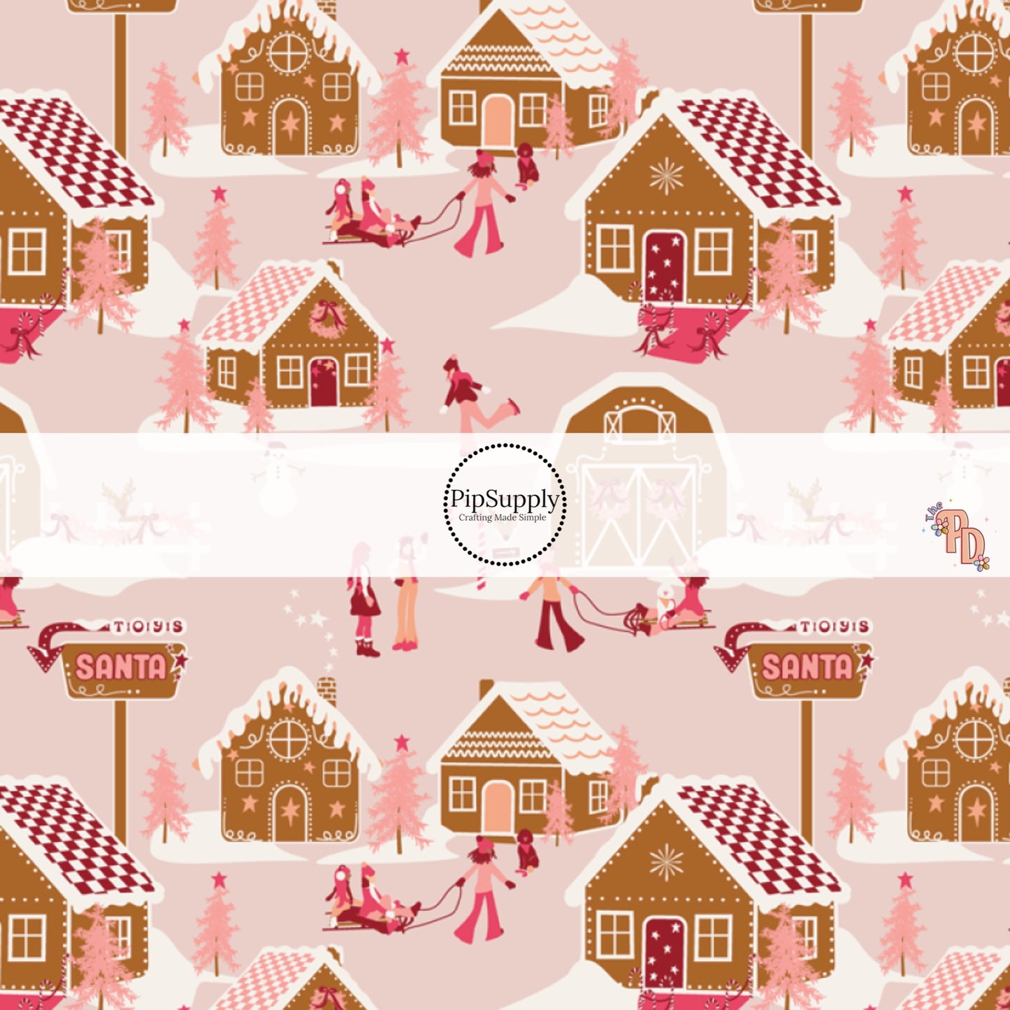 Pink fabric by the yard with a gingerbread town, ice skaters, and Christmas trees. 