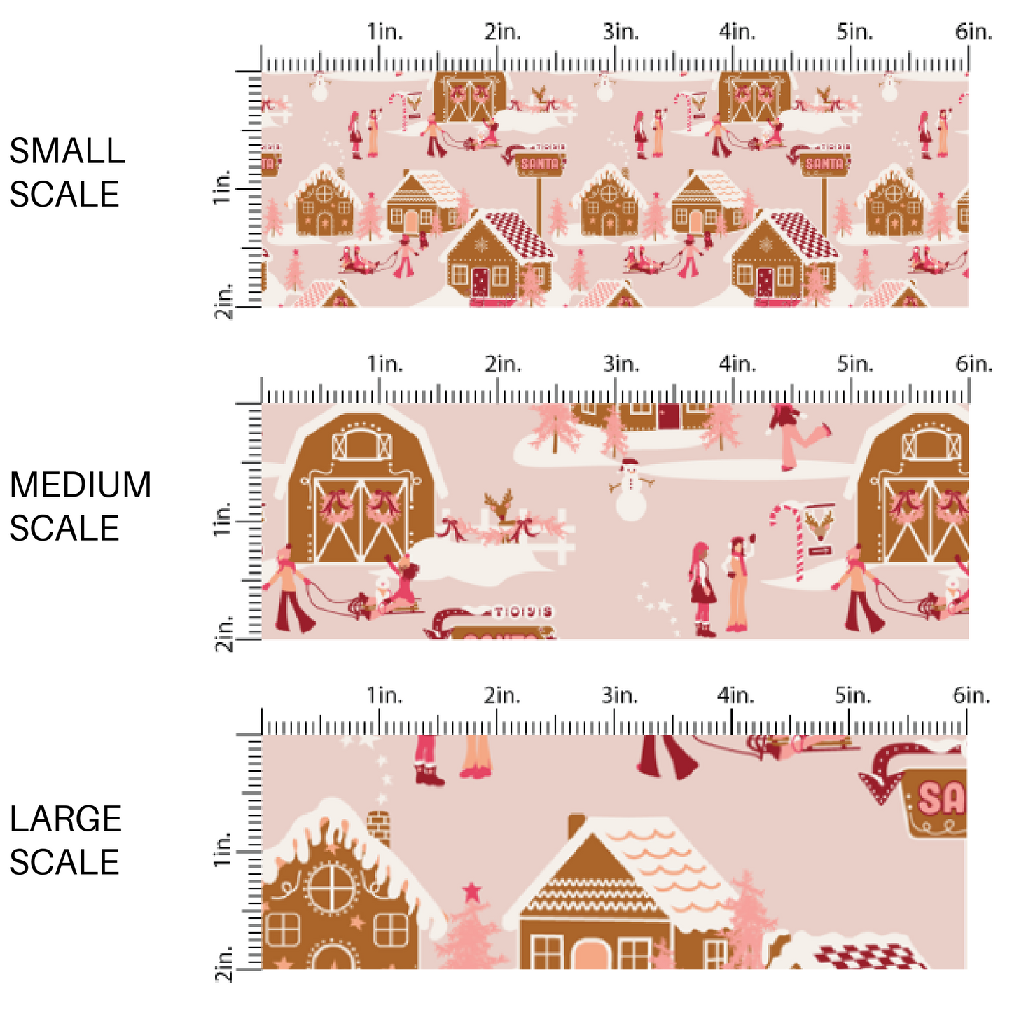 Pink fabric by the yard scaled image guide with a gingerbread town, ice skaters, and Christmas trees. 
