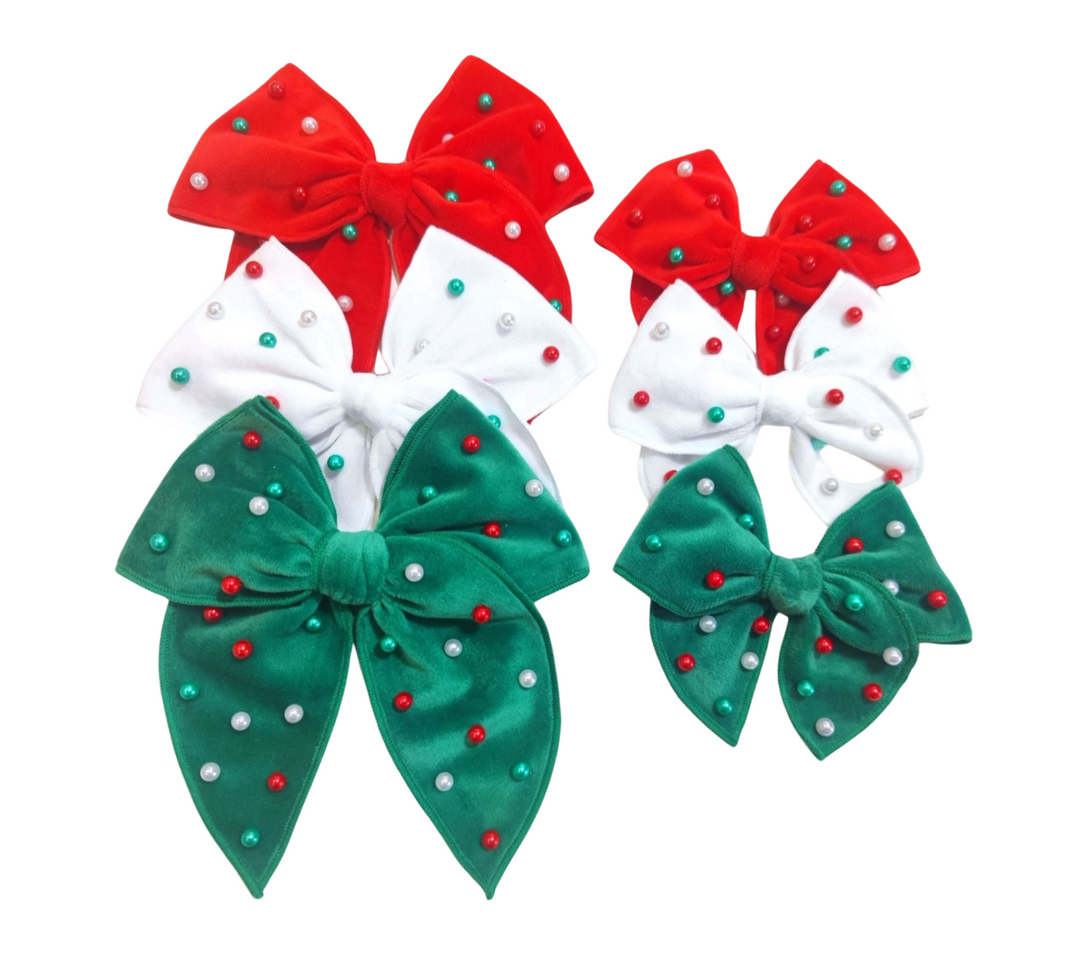 Christmas Velvet Multi Pearl Beaded Hair Bow - TIED w/Clip