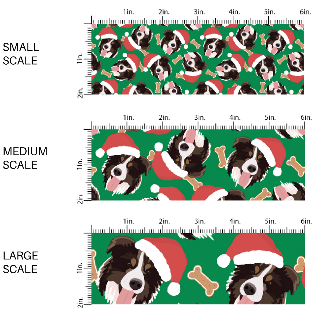 These holiday themed fabric by the yard features Australian Shepard dogs with Christmas hats surrounded by dog bone treats on dark green. This fun Christmas fabric can be used for all your sewing and crafting needs!