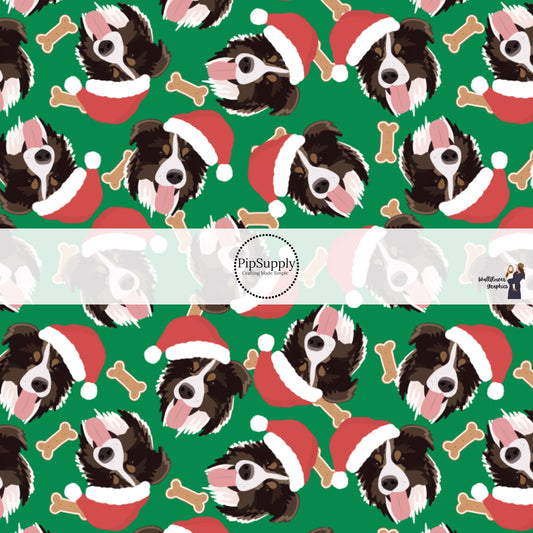 These holiday themed fabric by the yard features Australian Shepard dogs with Christmas hats surrounded by dog bone treats on dark green. This fun Christmas fabric can be used for all your sewing and crafting needs!