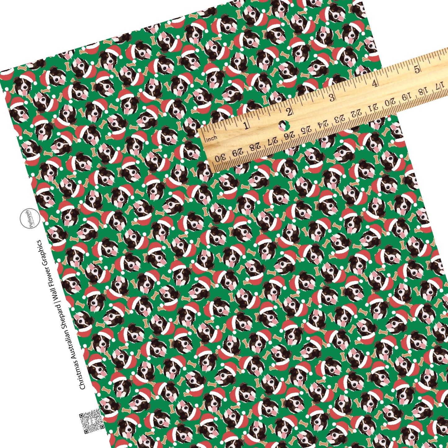 These holiday themed faux leather sheets contain the following design elements: Australian Shepard dogs with Christmas hats surrounded by dog bone treats on dark green. Our CPSIA compliant faux leather sheets or rolls can be used for all types of crafting projects.