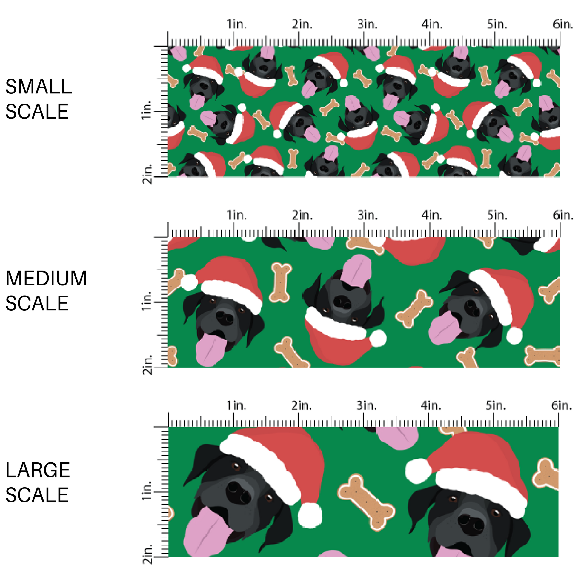 These holiday themed fabric by the yard features black lab dogs with Christmas hats surrounded by dog bone treats on dark green. This fun Christmas fabric can be used for all your sewing and crafting needs!