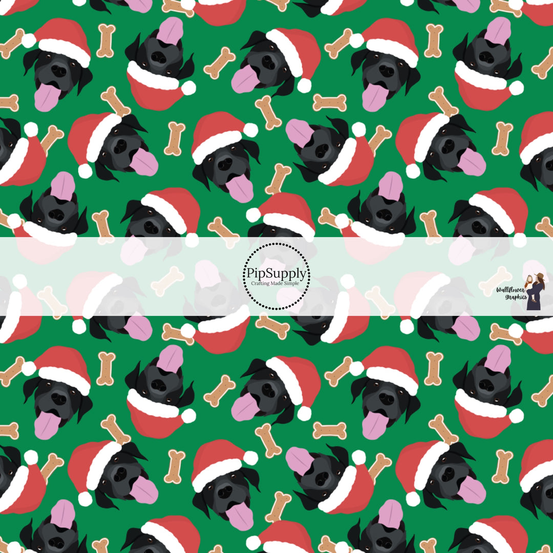 These holiday themed fabric by the yard features black lab dogs with Christmas hats surrounded by dog bone treats on dark green. This fun Christmas fabric can be used for all your sewing and crafting needs!