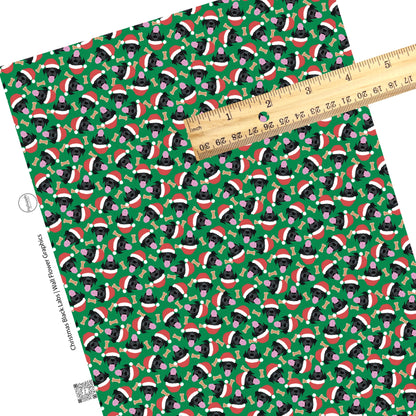 These holiday themed faux leather sheets contain the following design elements: Black lab dogs with Christmas hats surrounded by dog bone treats on dark green. Our CPSIA compliant faux leather sheets or rolls can be used for all types of crafting projects.