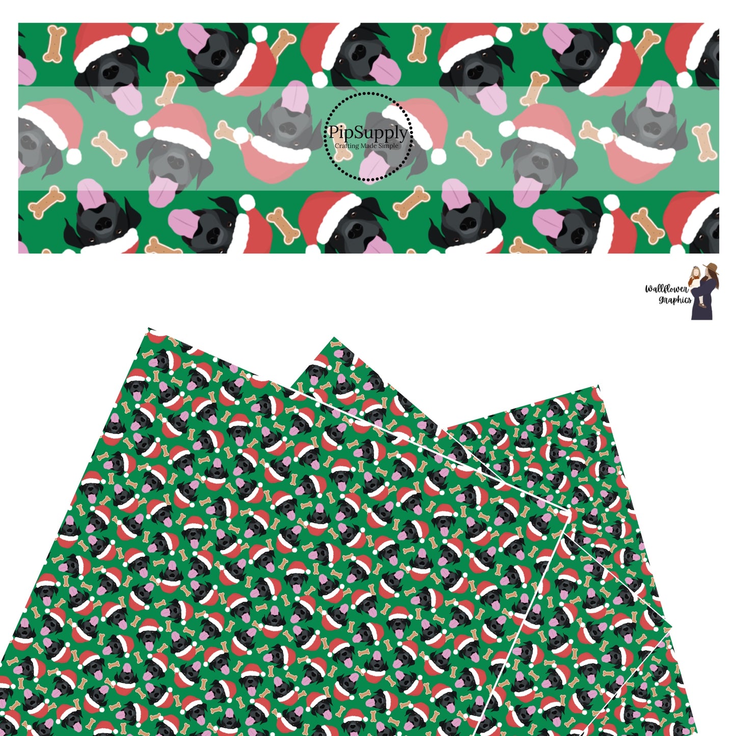 These holiday themed faux leather sheets contain the following design elements: Black lab dogs with Christmas hats surrounded by dog bone treats on dark green. Our CPSIA compliant faux leather sheets or rolls can be used for all types of crafting projects.