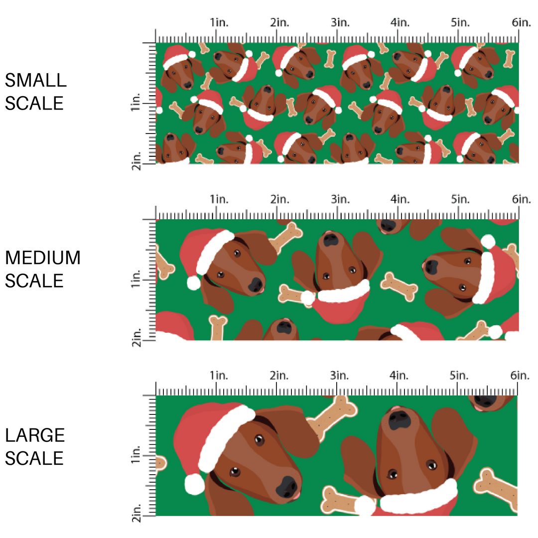 These holiday themed fabric by the yard features Dachshund dogs with Christmas hats surrounded by dog bone treats on dark green. This fun Christmas fabric can be used for all your sewing and crafting needs!