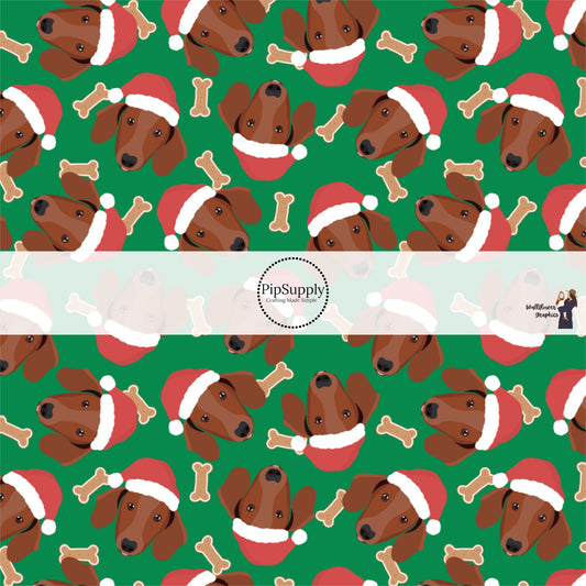 These holiday themed fabric by the yard features Dachshund dogs with Christmas hats surrounded by dog bone treats on dark green. This fun Christmas fabric can be used for all your sewing and crafting needs!