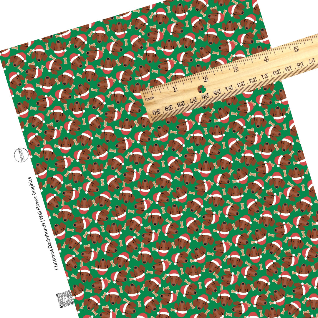 These holiday themed faux leather sheets contain the following design elements: Dachshund dogs with Christmas hats surrounded by dog bone treats on dark green. Our CPSIA compliant faux leather sheets or rolls can be used for all types of crafting projects.