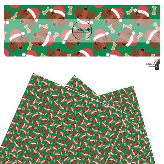 These holiday themed faux leather sheets contain the following design elements: Dachshund dogs with Christmas hats surrounded by dog bone treats on dark green. Our CPSIA compliant faux leather sheets or rolls can be used for all types of crafting projects.