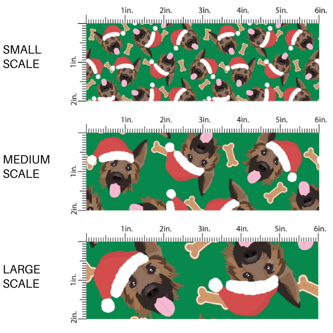 These holiday themed fabric by the yard features German Shepard dogs with Christmas hats surrounded by dog bone treats on dark green. This fun Christmas fabric can be used for all your sewing and crafting needs!