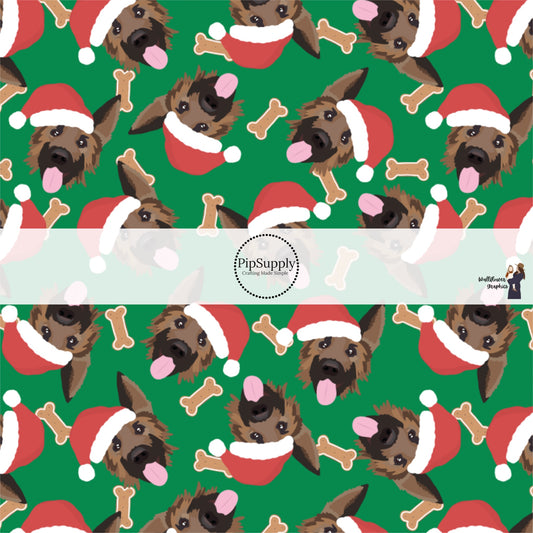 These holiday themed fabric by the yard features German Shepard dogs with Christmas hats surrounded by dog bone treats on dark green. This fun Christmas fabric can be used for all your sewing and crafting needs!